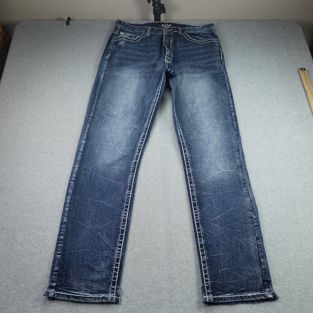 True Luck Jeans Mens 34x32 Blue Bootcut Relaxed Thick Stitch Denim